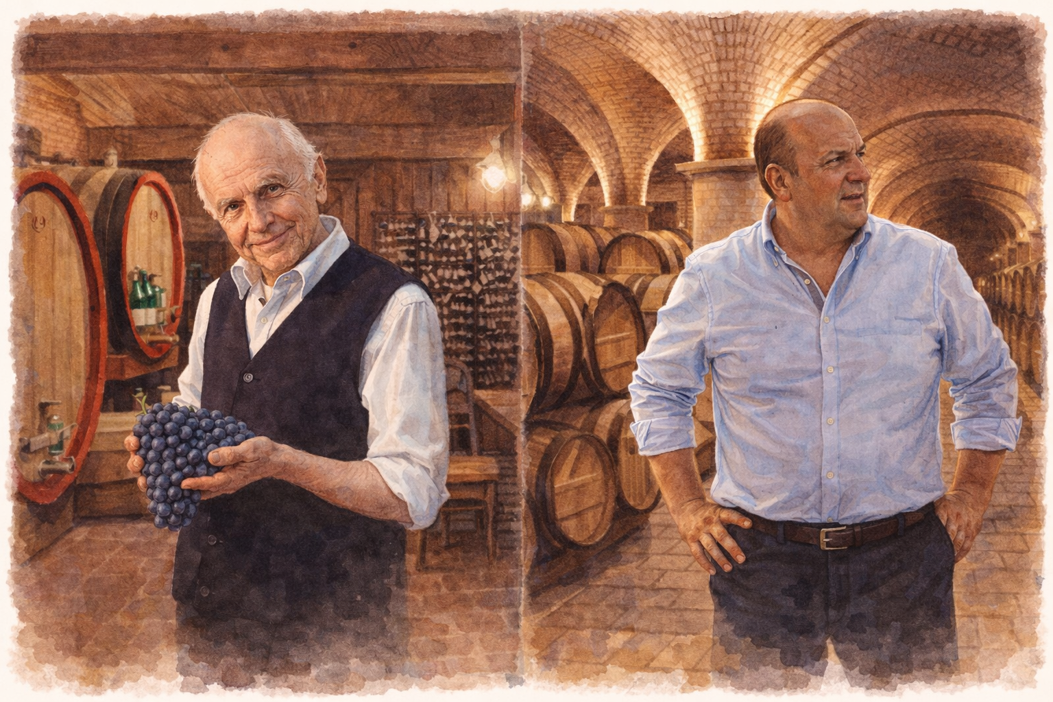Illustration of Giuseppe Quintarelli (representing the tradition of Amarone Style) and Romano Dal Forno on the right (representing the Modern Amarone Style). On the left, Giuseppe Quintarelli holds a bunch of grapes in his hand while the background is part of his cellar with Big Oak Barrels and a wall with a rack of vintage bottles. Romano Dal Forno on the right has a more casual posture with hands on his hips, in the background his modern cellar with small French & American Oak Barrels