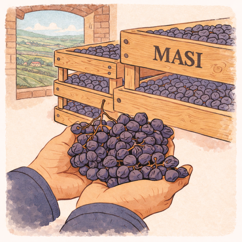 Illustration of the Masi Fruttaio with racks, someone holding with two hands the resulting dried grapes and a window in the background with a view on the hills of Valpolicella
